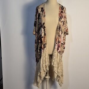 Angel Heart Boutique Size F Floral Duster Boho Lace Hem Layered Open Front